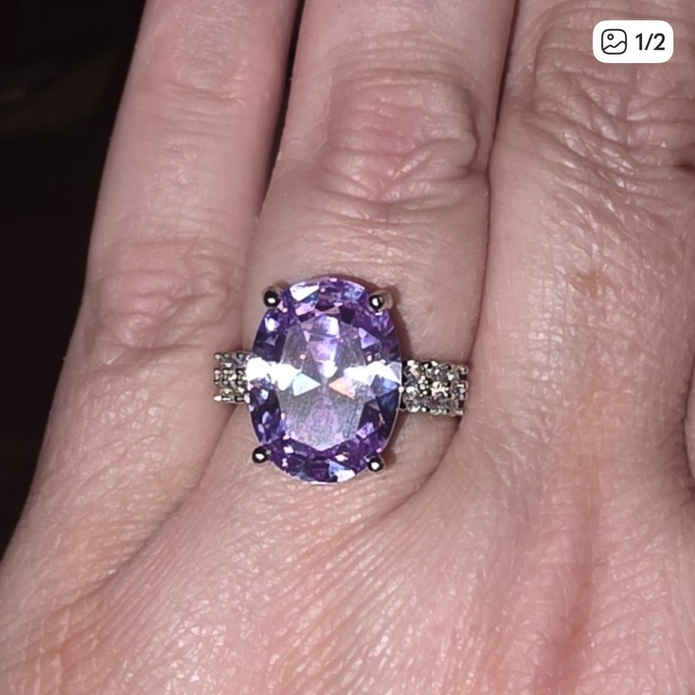 Sterling Silver Oval Purple Gemstone Ring with Pavé Accents
